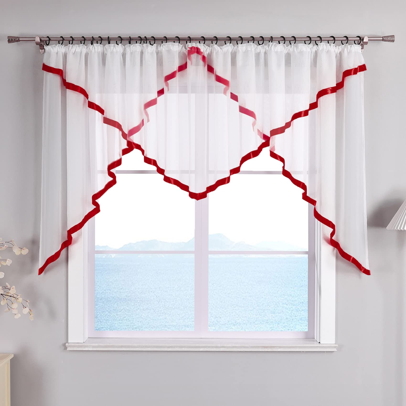 ESLIR Panel Curtain Kitchen Bistro Transparent Curtains with Satin Ribbon Voile H x W 120 x 300 cm 1 piece