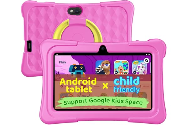 aiprotablet Kids Tablet, 7 inch Android Tablet for Kids, 6GB+32GB 1TB Expand, Quad-Core Toddler Tablets with Case, BT, WiFi, Parental Control, Games, Dual Camera (Pink)