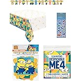 Despicable Me Birthday Party Supplies Decoration Bundle Pack includes 1 Plastic Table Cover, 1 Happy Birthday Banner, 1 Dinosaur Sticker Sheet