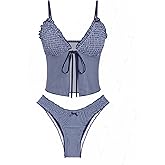 seamoly Gingham Bowknot Decor Smocked Ruffles Tie Front Tankini Set