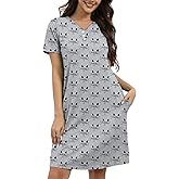 Simliva Women's Nightgowns Sleepwear Short Sleeve V Neck Loose Casual Night Shirts Sleep Dress 3 Button Neck with Pockets