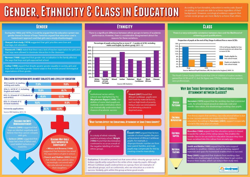 Daydream Education Gender, Ethnicity & Class in Education | Sociology Posters | Laminated Gloss Paper measuring 850mm x 594mm (A1) | Sociology Class Posters | Education Charts
