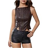 SHENHE Women's PU Leather Zip Up Crop Vest Top Sleeveless Crew Neck Slim Fit Jacket Vest