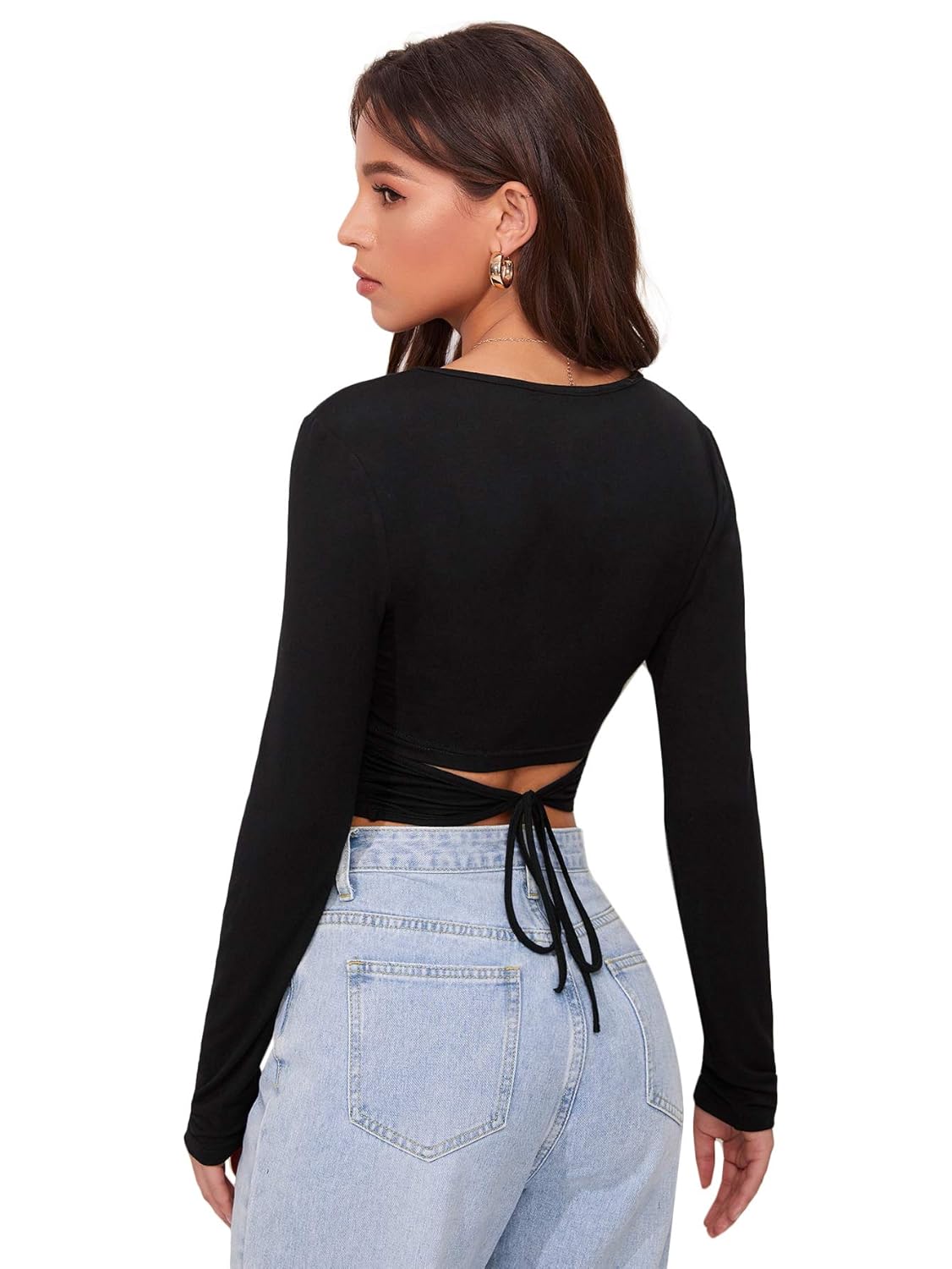 Buy Floerns Women's Plain Back Tie Long Sleeve Crop Top T-Shirt Black XS at Amazon.in