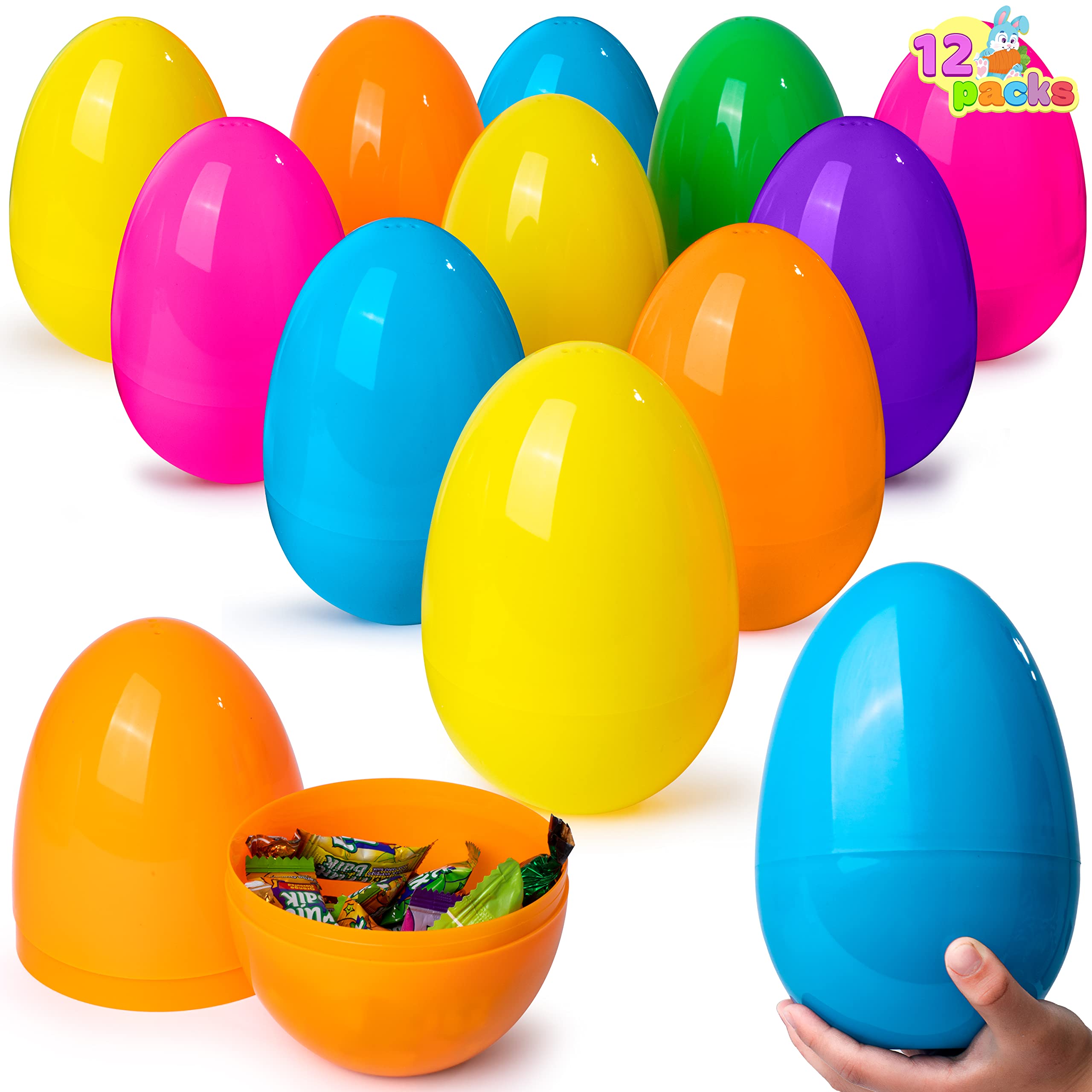 JOYIN 12 Pieces of 7" Assorted Colours Strong Shiny Plastic Easter Eggs for Filling Treats Easter Theme Party Gift