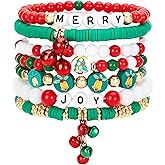 RLHRNDE Christmas Bracelet Set for Women Men Colorful Disc Clay Beaded Stretch Bracelets Elastic Layering Friendship Bracelets Stackable Bracelet Boho Holiday Jewelry Gifts