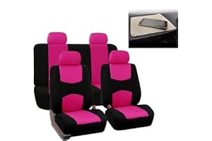 FH Group Bright Flat Cloth Full Set Automotive Seat Covers Front Set and Rear Solid Bench Pink Black Seat Covers w. Gift Universal Fit Interior Accessories for Cars Trucks and SUVs