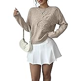 Verdusa Women's Spring 3D Flower Appliques Crewneck Sweaters Long Sleeve Drop Shoulder Pullovers Knit Going Out Tops
