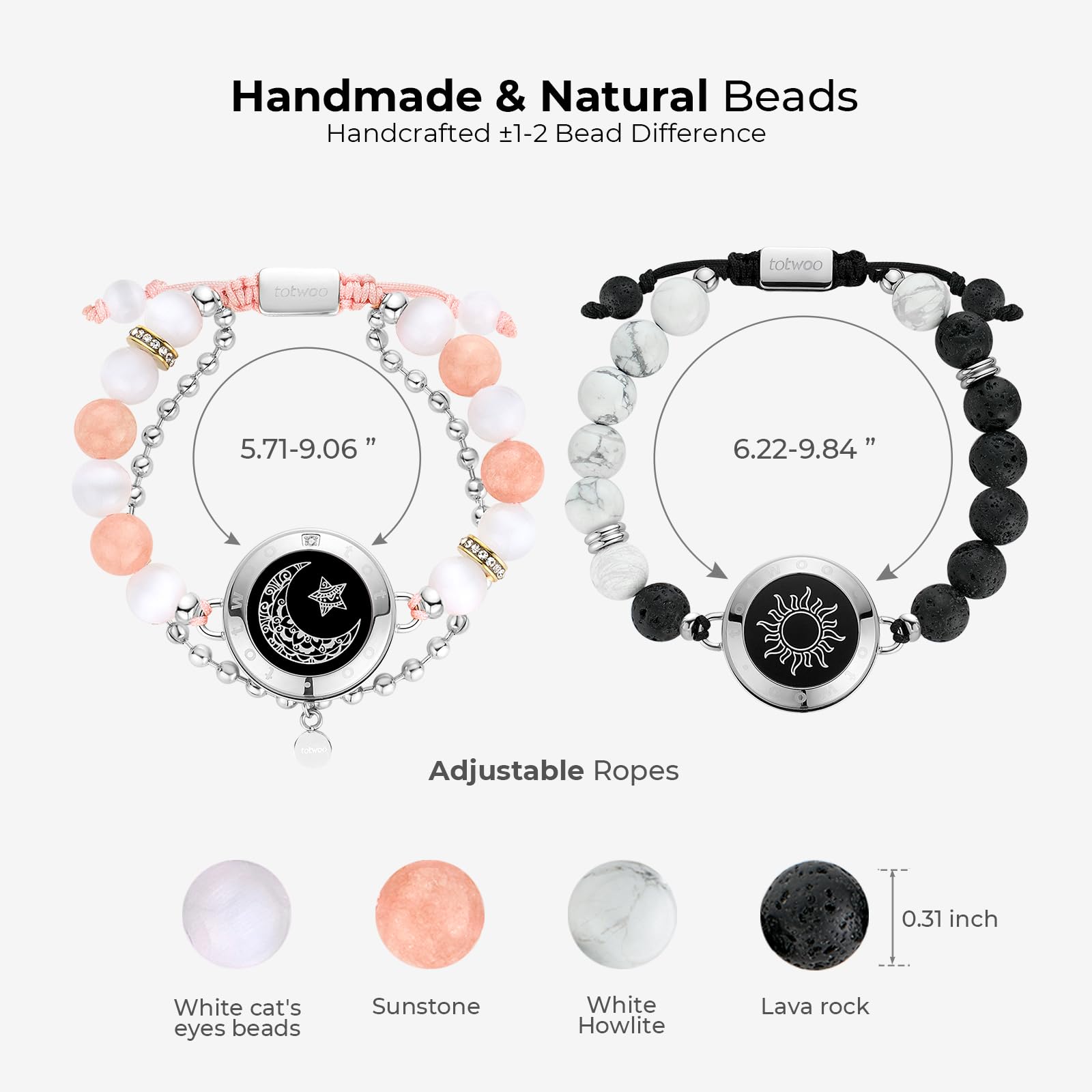 TOTWOO Long Distance Touch Bracelets for Couples, Smart Light up & Vibration for Love Couples Healing Stone Bracelet | Long Distance Relationship Gifts for Girlfriend Bluetooth Pairing Jewelry