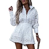SOMTHRON Women's Summer Eyelet Lace Two Piece Outfits Long Sleeve Blouse Tops Shorts Floral Embroidery Set