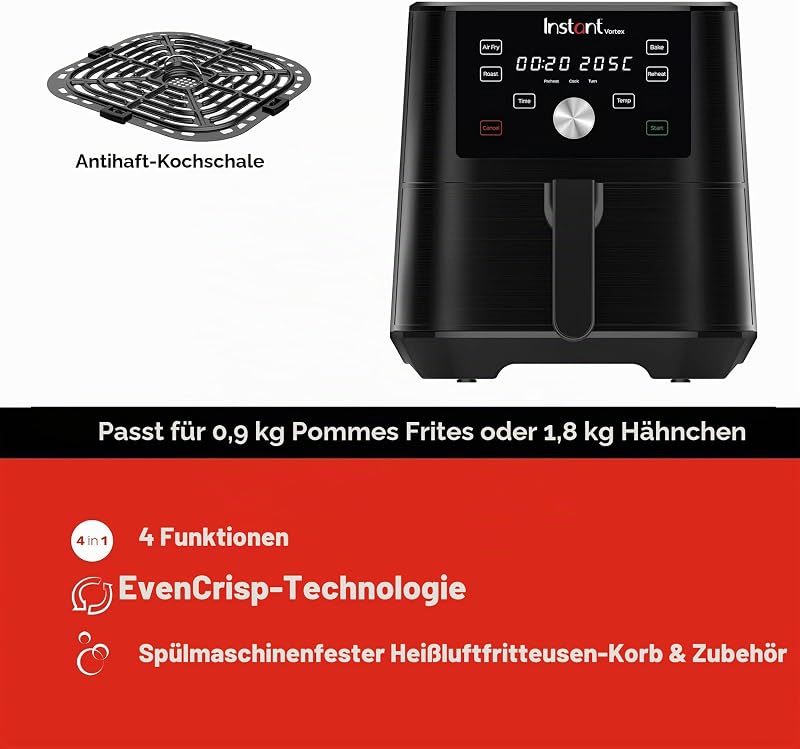 Brands Vortex 4-in-1-Heißluftfritteuse 1700W 5,7L Minibackofen - Gesundes Heißluft-Frittieren, Backen, Braten und Speisenwärmer, Schwarz