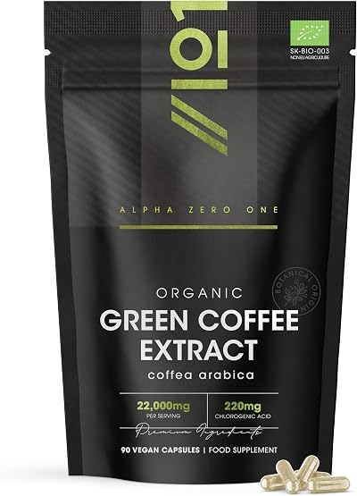 Alpha01 Organic Green Coffee Bean Extract 22,000mg 90 Vegan Capsules