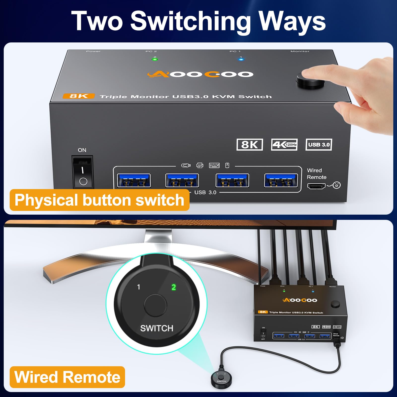 KVM-Switch 2 PC 3 Monitore 4K@144Hz 8K@60Hz, Triple Monitore HDMI + 2 Displayport KVM Switch mit 4 USB 3.0 Anschlüssen, kabelgebundener Fernbedienung, Netzteil und USB 3.0 Kabel 4