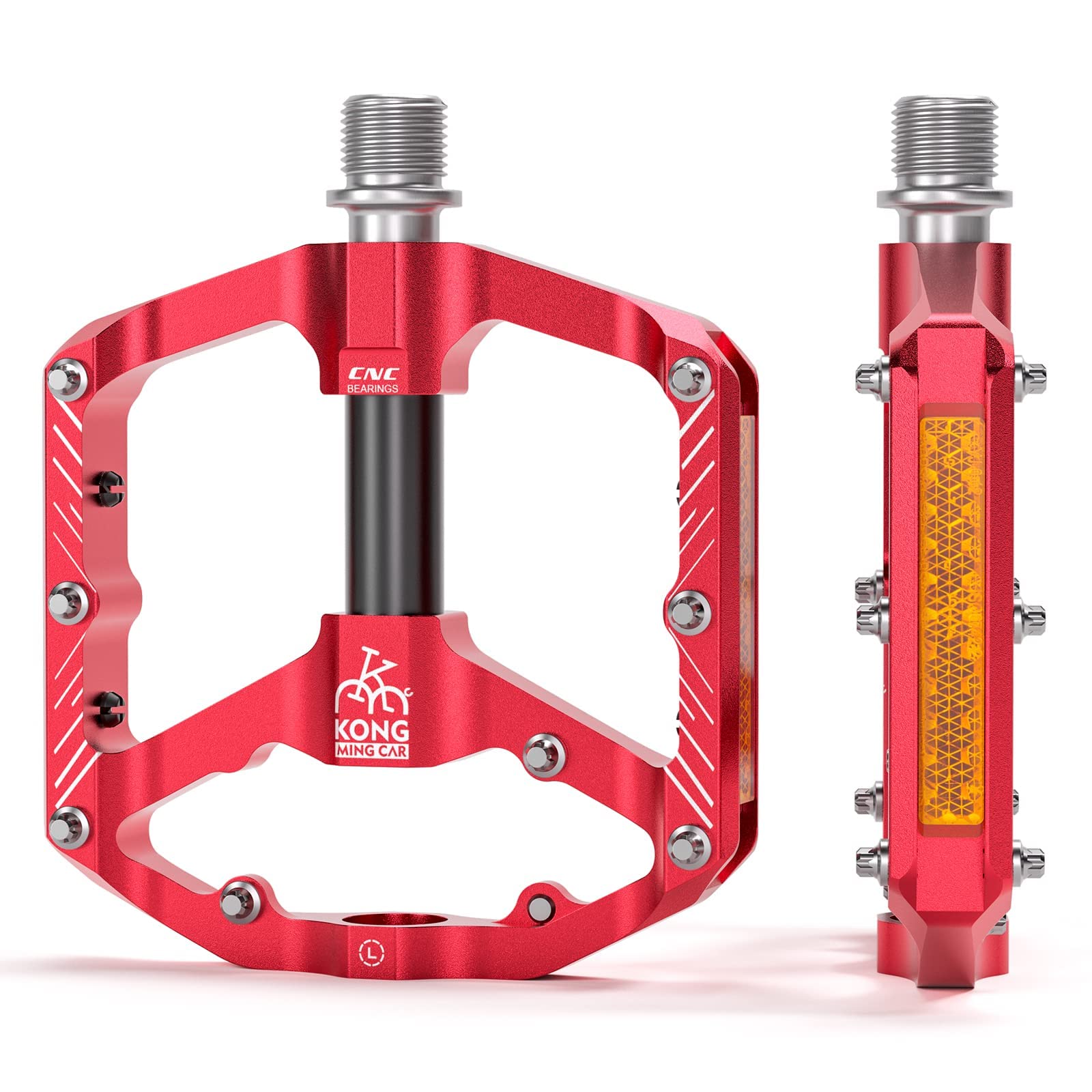 Bike Pedals with Reflective Strips, 3 Sealed Bearings, Non-Slip CNC Aluminum Bicycle Platforms, 9/16 Inch Pedals for Road Bike, MTB, E-Bike. (Red)