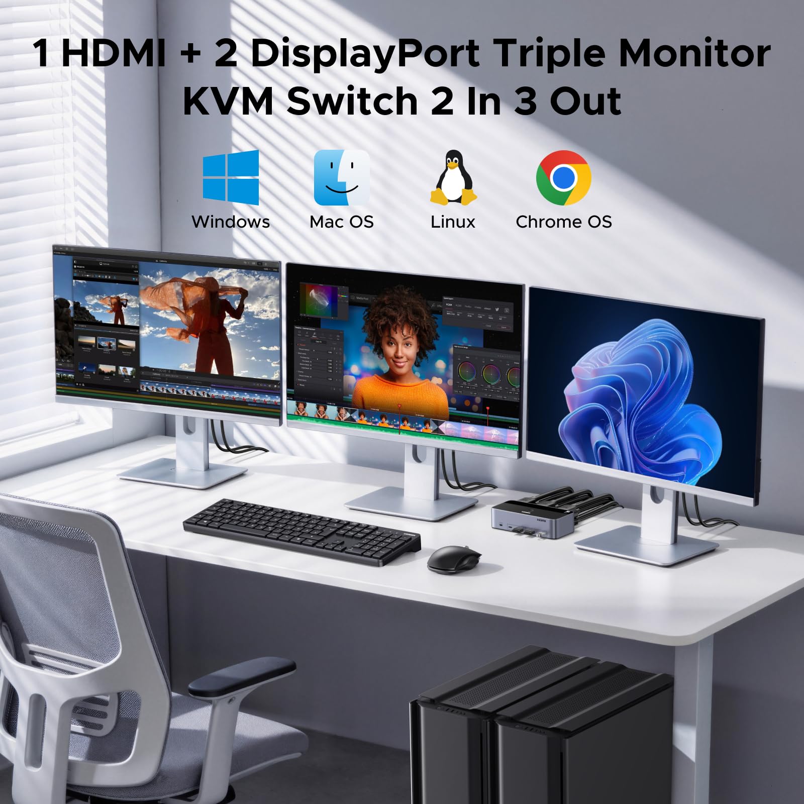 UGREEN HDMI+Displayport KVM Switch 2 PC 3 Monitore 8K60Hz mit 4 USB 3.0 Ports, Tasten- und Desktop-Controller Umschaltung Kompatibel mit Windows/Linux/MacOS usw. 2