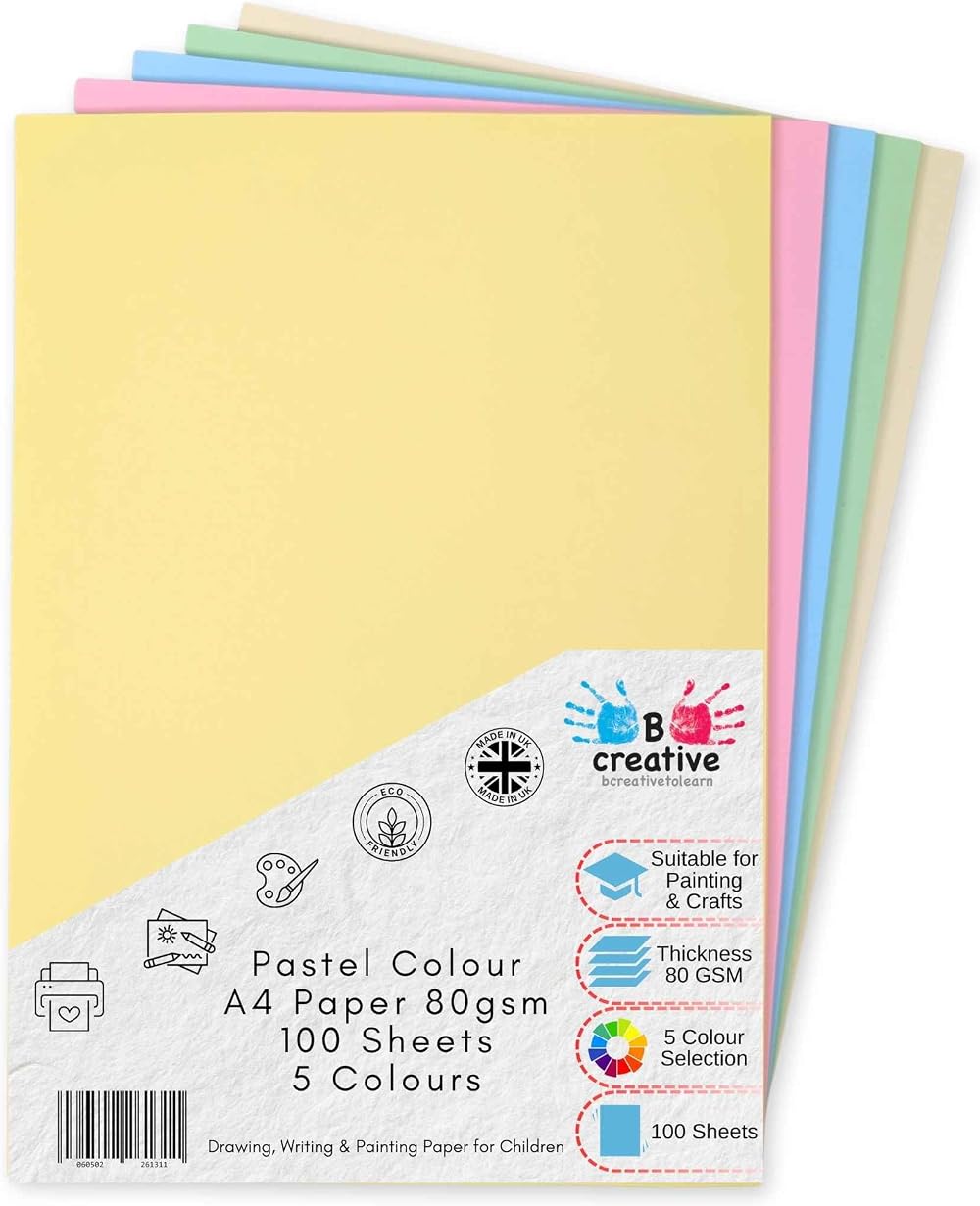 Be Creative A4 Pastel Paper Assorted Colors 100 Sheets 80gsm 5 Colors