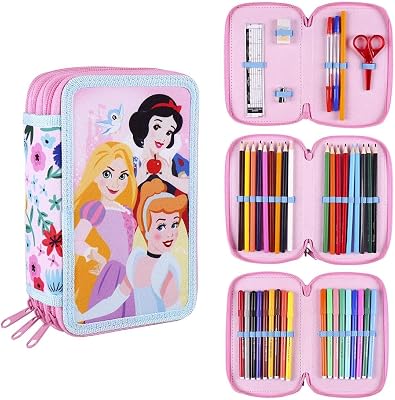- Estuche Escolar 3 Compartimentos Niña de Princesas Disney | Incluye Todo el Material Escolar Necesario para Preescolar y Primaria - Licencia Oficial Disney