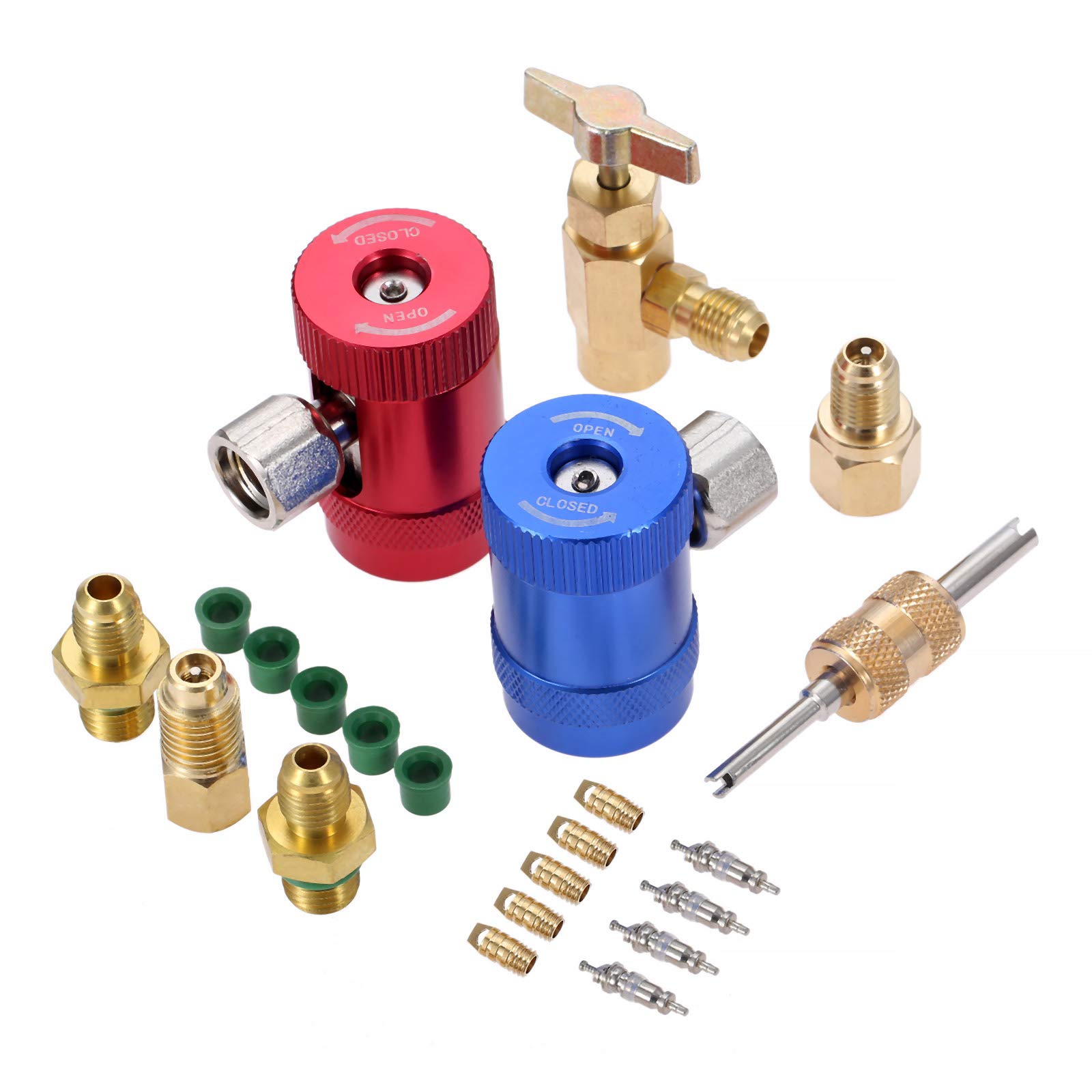 Aupoko R1234YF Quick Couplers Kit, R1234yf High Low Side Quick Coupler Connector, R1234YF Can Tap with R12 R22 to R134A Adapters, Valve Core Remover, 4PCS Valve Cores, 5PCS Thimbles & Rubber Gaskets