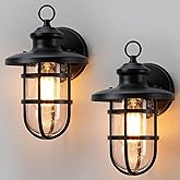 YKLITG 2 Pack Outdoor Wall Mount, Outside Wall Sconce Lighting Fixture with Seeded Glass, Sand Black Waterproof Exterior Ligh