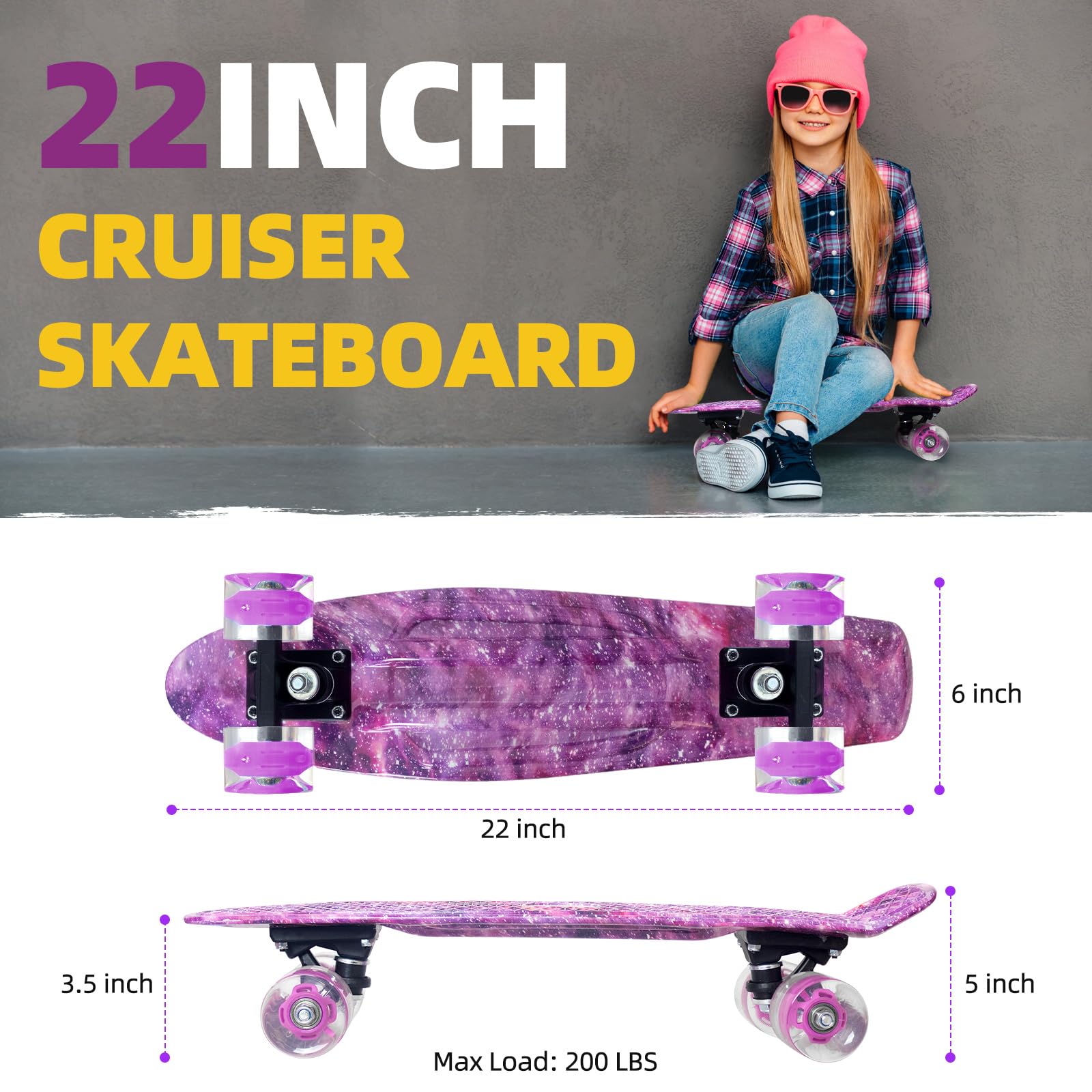 Nattork Skateboards 22 Inch Mini Cruiser Skateboard Complete Retro Skate Boards with Colorful Light Up Wheels for Kids Girls Boys Beginners