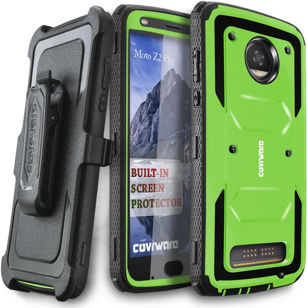 COVRWARE Aegis Series Case for Moto Z2 Play / Z2 Force with Built-in Screen Protector Heavy Duty Full-Body Rugged Holster Armor Case Belt Swivel Clip Kickstand, Green