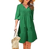 Dokotoo Womens Dresses Summer V Neck Drawstring Embroidered Half Sleeve Mini Dress Boho Dresses for Women 2026 Sundresses
