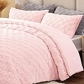 BEDELITE Fluffy Comforter Set King- Super Soft Warm Sherpa Comforter Pink, Jacquard Checkered Fleece Bedding, 3 Pieces Fuzzy Bed Set for Winter(1 Comforter, 2 Pillowcases)