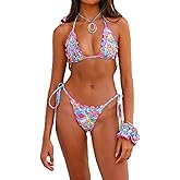 ROAONOCOMO Y2K Cute Thong Bikini Sets for Women Floral Print Halter Neck Two Piece Triangle Swimsuits Sexy Boho Bathing Suit