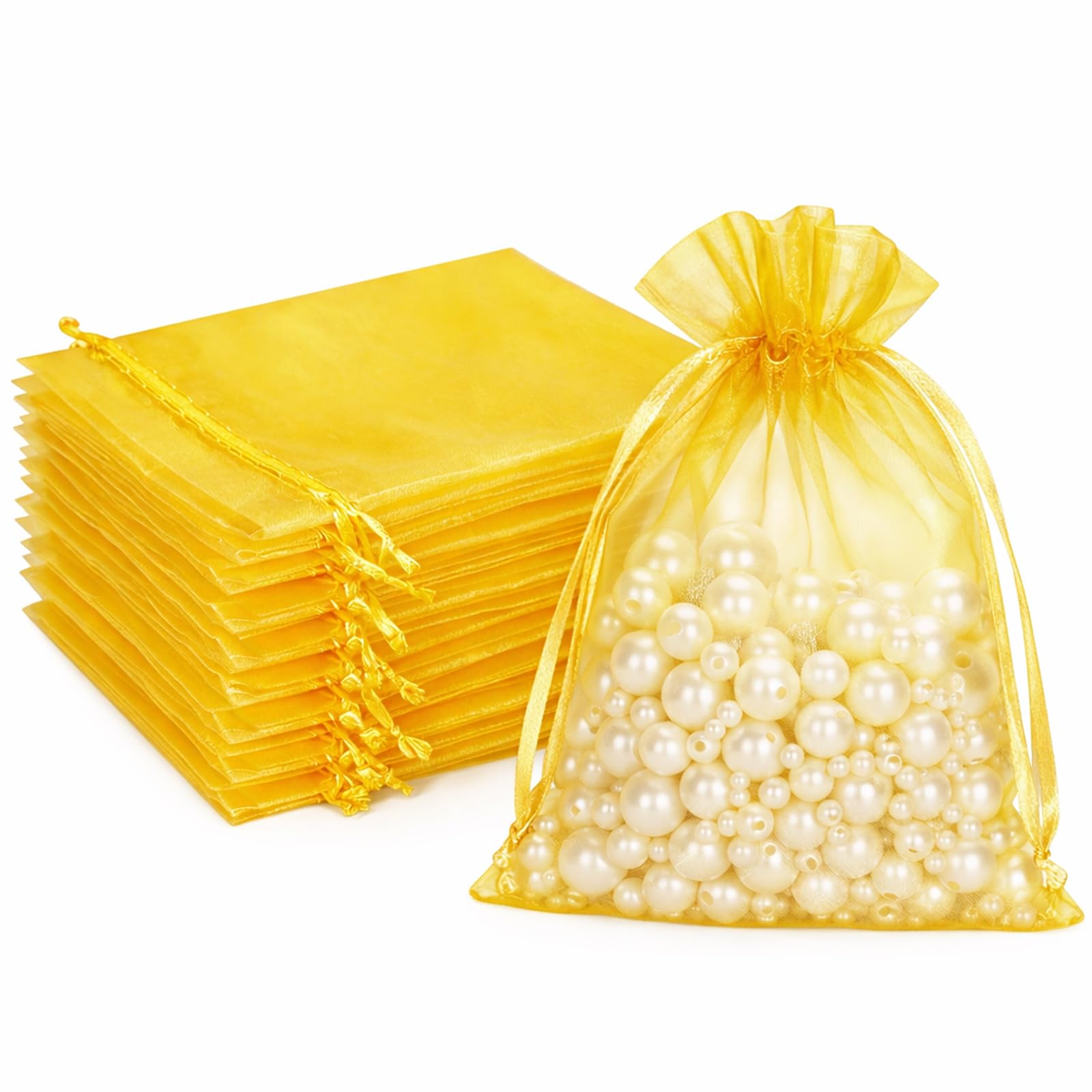 G2PLUS Gold Organza Gift Bags: 13x18 CM Clear Mesh Pouches, 100 PCS Organza Jewellery Bags, Large Favour Pouches for Wedding, Birthday Party Supplies