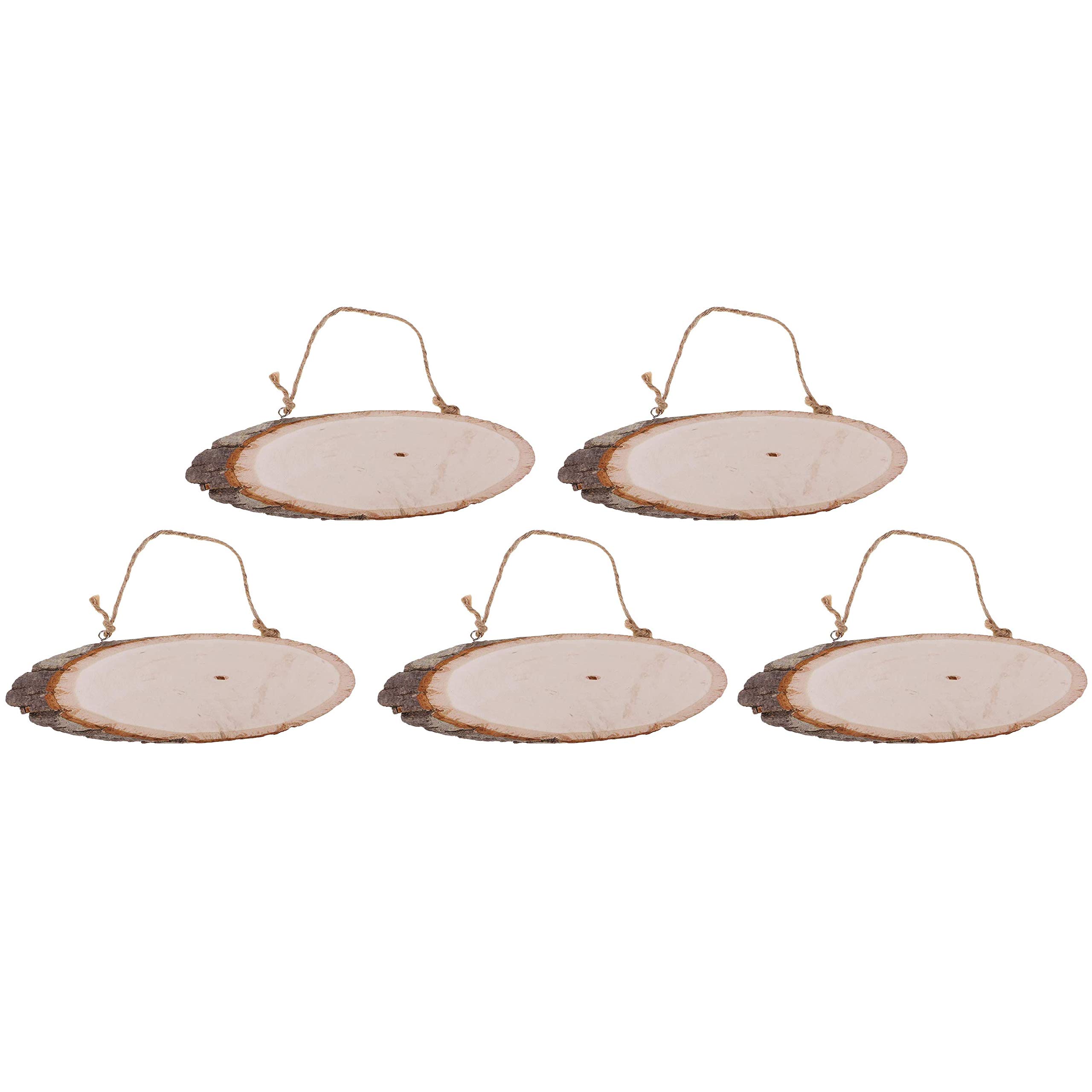 POFET 5pcs Oval Natural Hanging Wood Slices Tree Bark Woodenpcs Large Plaques for Handmade Name Tag Wedding Decoration