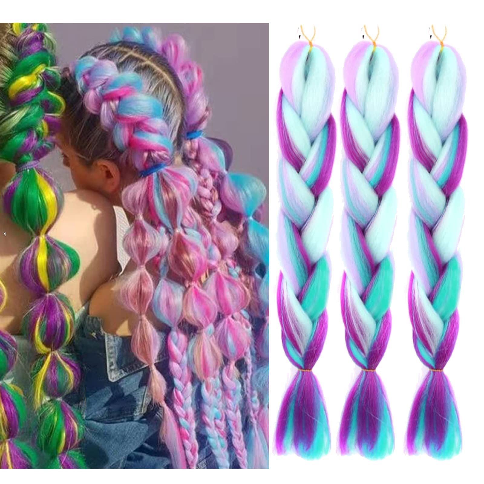 Photo 1 of Jumbo Braiding Hair Fiber Mix Four Silky Colorful Twist Braiding Hair 3pcs Rainbow Colors Extensions Synthetic Hair Blue-Light Purple-Pink Synthetic Fiber Soft Healthy (24 Inch 3pcs)