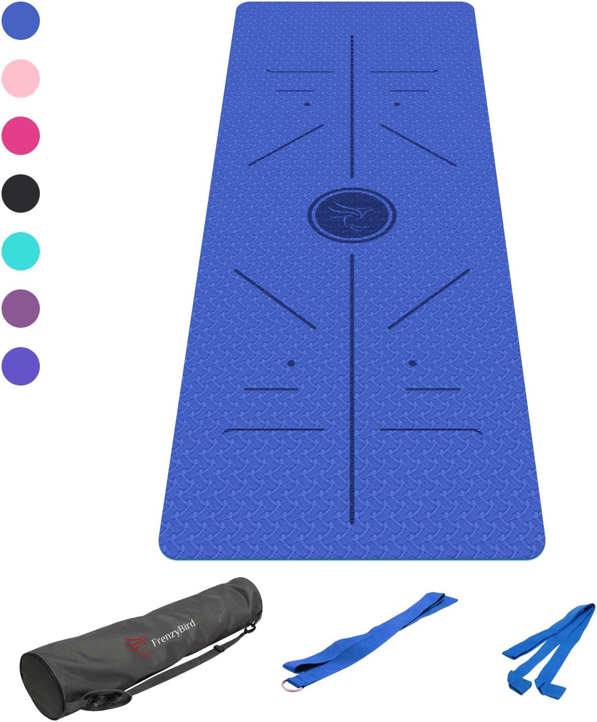 FrenzyBird Eco-Friendly,Reversible,Double-Sided TPE Yoga Mat with Stretch Strap,Carry Strap and Mat Bag, Free of PVC, Extra-Thick,Ideal for Yogis