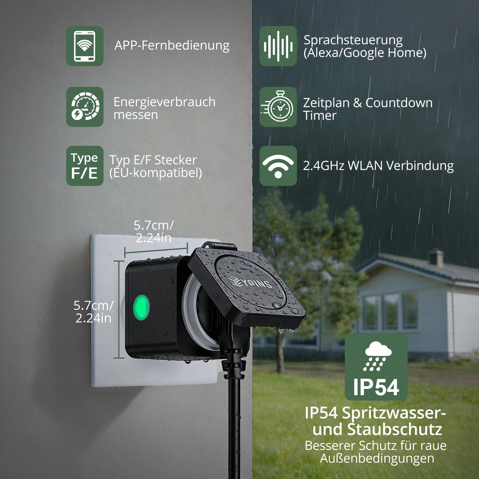 EYPINS WLAN Steckdose Outdoor IP54, Smarte Außensteckdose mit Strommessung, Zeitplan, Überlastschutz, Sprachsteuerung über Alexa & Google Home, Smart Life App Fernbedienung, 3680W/16A Steckdose 2PCS 2