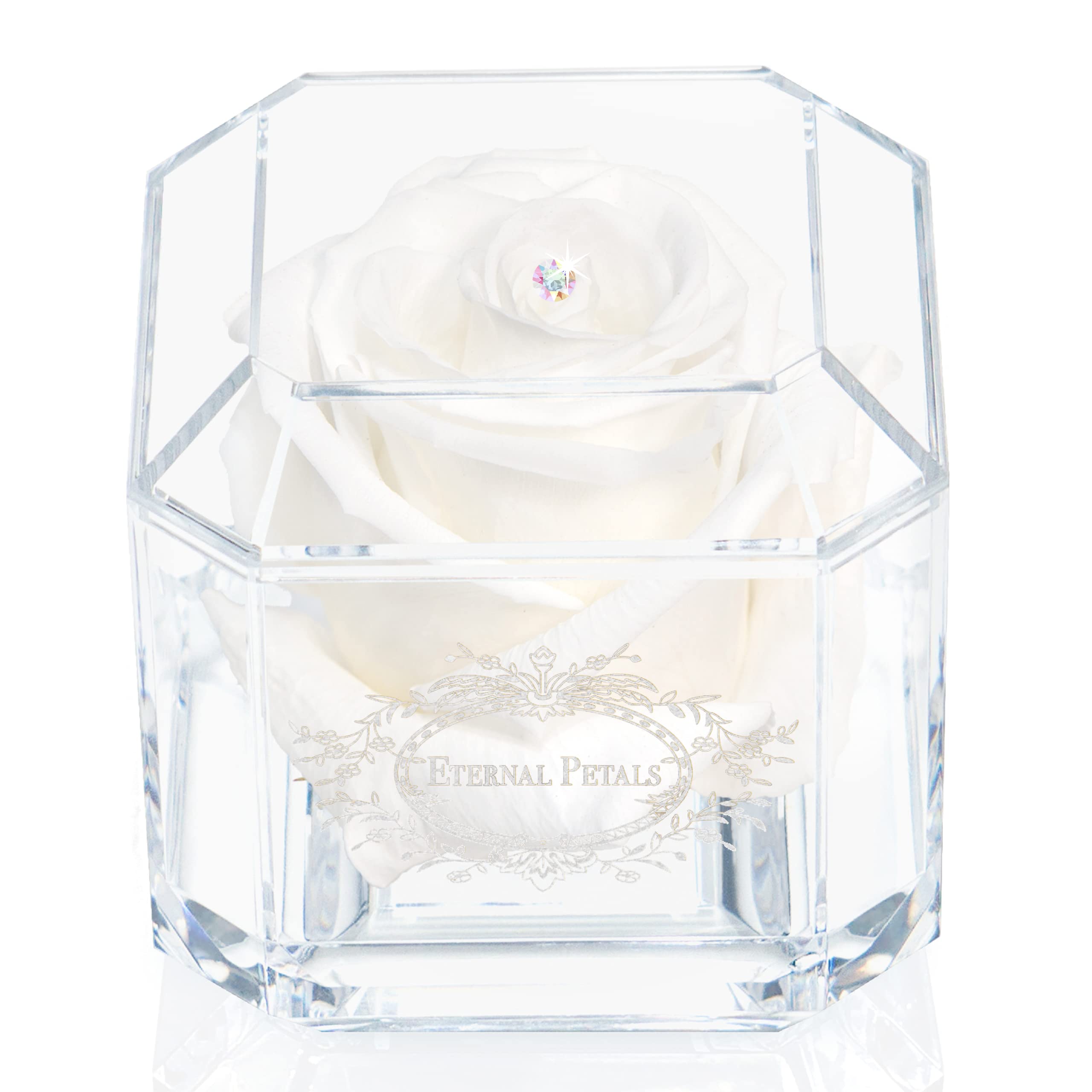 A 100% Real Rose That Lasts Years - Eternal Petals, Handmade in UK – White Gold Solo with A Multicolor Crystal (White)