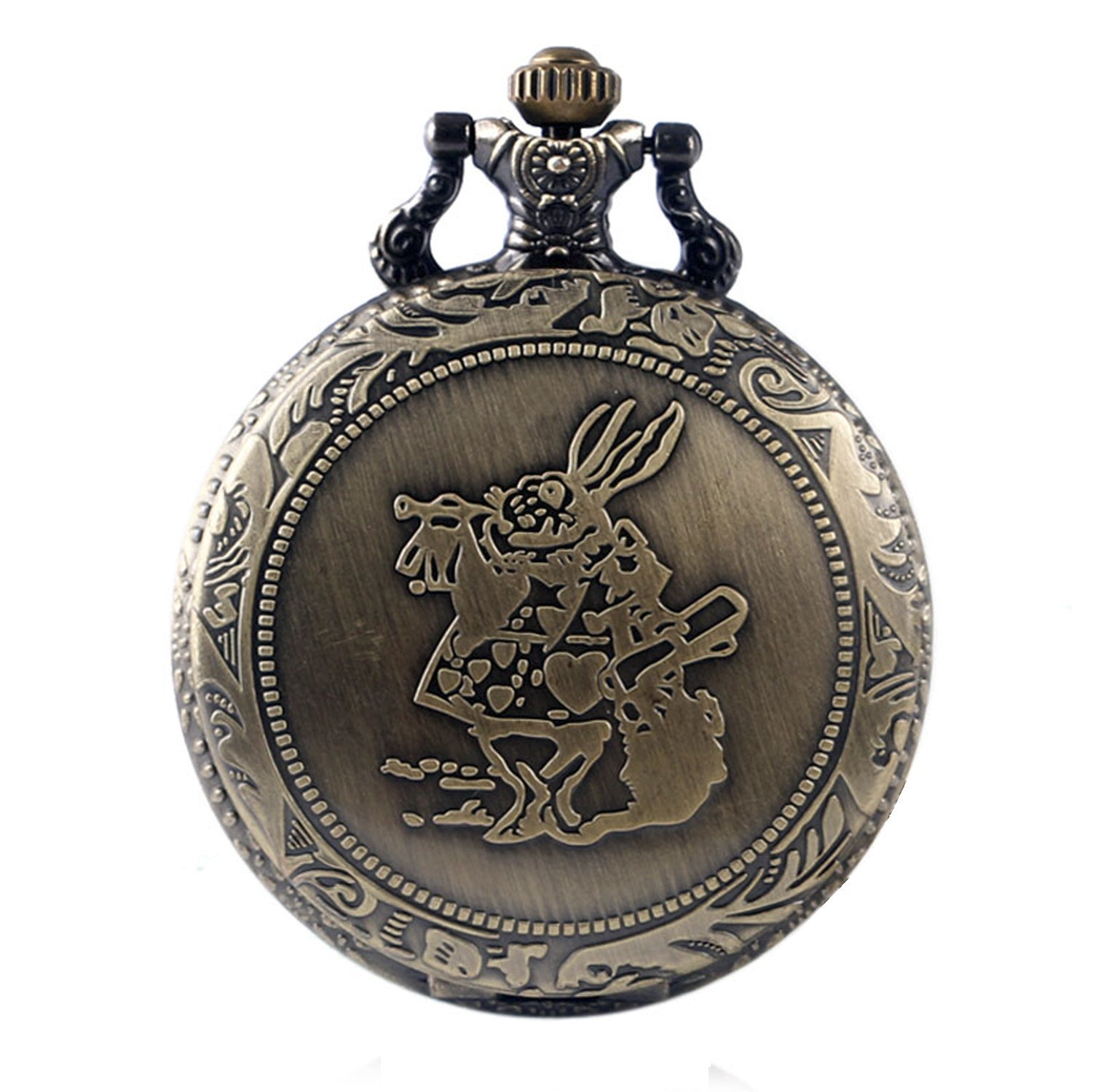 Alice in Wonderland The White Rabbit "I'm Late" Theme 3D Brushed Bronze Effect Antiqued/Vintage Case Women's Quartz Pocket Fob Watch Necklace - On 32" Inch / 80cm Chain