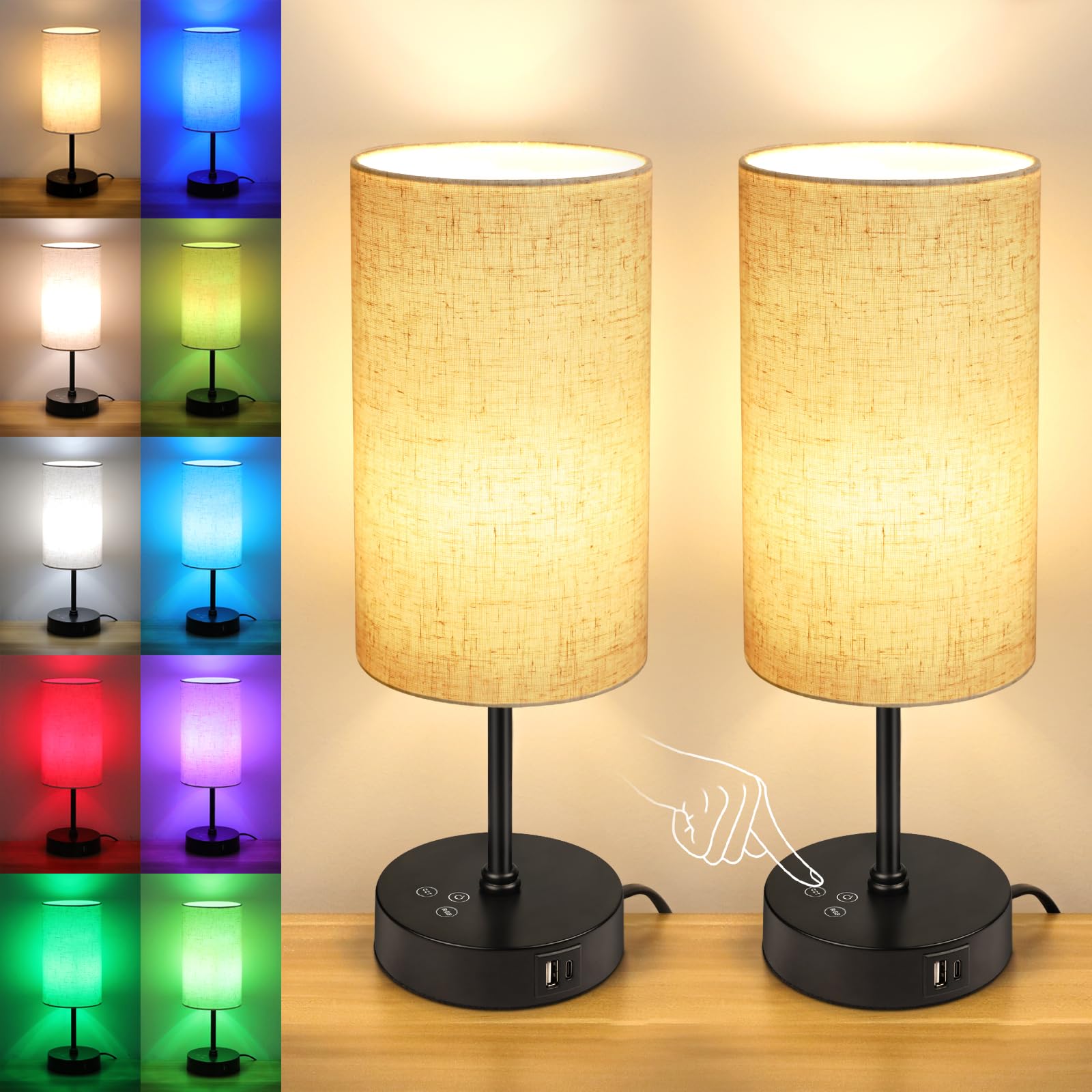 Photo 1 of Unicozin Table Lamp Set of 2, 3 CCT 3000K/4500K/6500K & RGB Color Changing, Stepless Dimmable Small Bedside Lamp for Reading, Ambience Nightstand Light for Home Decor Party, Beige Shade