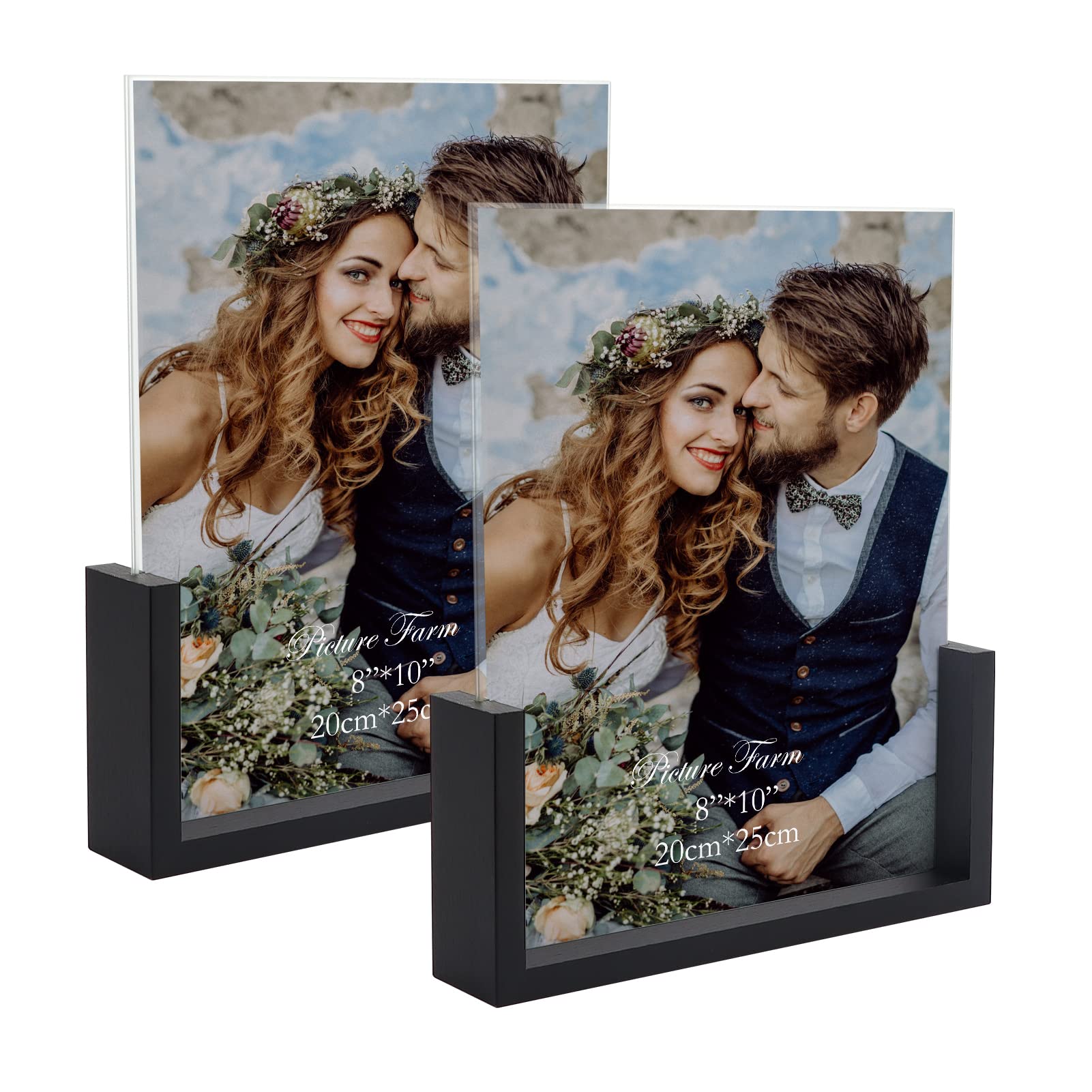 Photo 1 of PETAFLOP 8x10 Picture Frame Set of 2, Black Rustic Wooden Photo Frames 8 by 10 Inch with HD Glass, U Shaped Double Sided Menu Holder Sign Card Stand for Tabletop Display