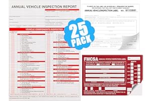 Lionshop 3-Ply Carbonless Annual Vehicle Inspection Report Form with Red FMCSA Label Aluminum and White Interior Inspection Label, DOT Compliant, 25Pack