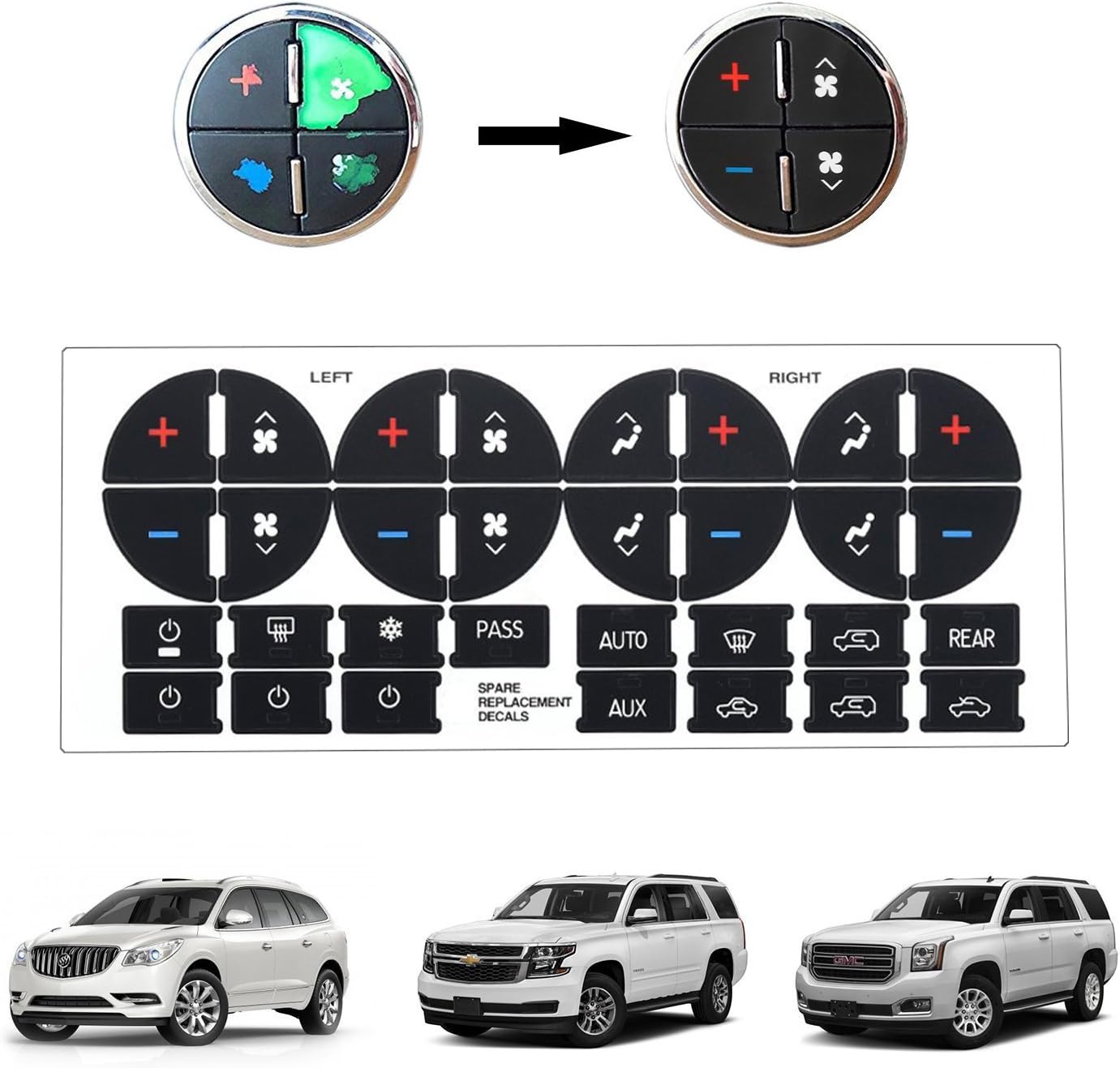 BORUD AC Button Repair Kit for Chevy Silverado, 2PCS AC Dash Button Replacement Decals Strong Adhesive Stickers - Fix Ruined Faded Car A/C Controls Buttons for GMC Buick Chevrolet Chevy Vehicle