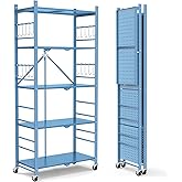 Himix Storage Shelves with 20 Hooks, 5-Tier Foldable Shelf for Storage, Folding Shelf Unit Pantry Shelves with Wheels, Standing Shelving Unit for Kitchen Garage Home Office Room Greenhouse, Blue
