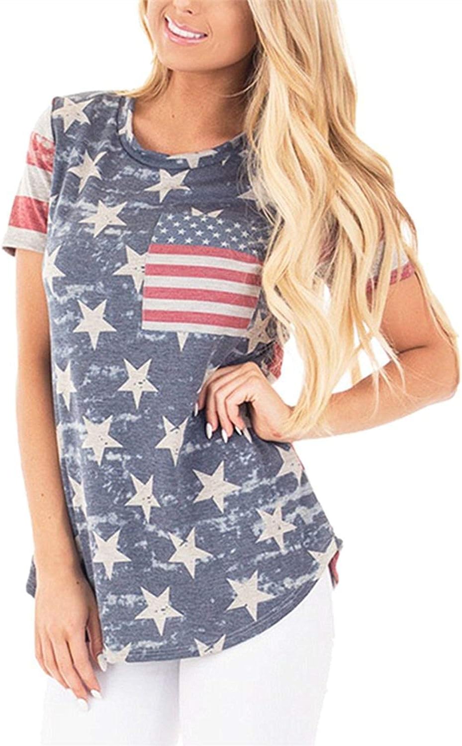 POPTEM Womens Casual American Flag T Shirt 4th of July Short Sleeve Tee USA Patriotic Summer Blouse Tops