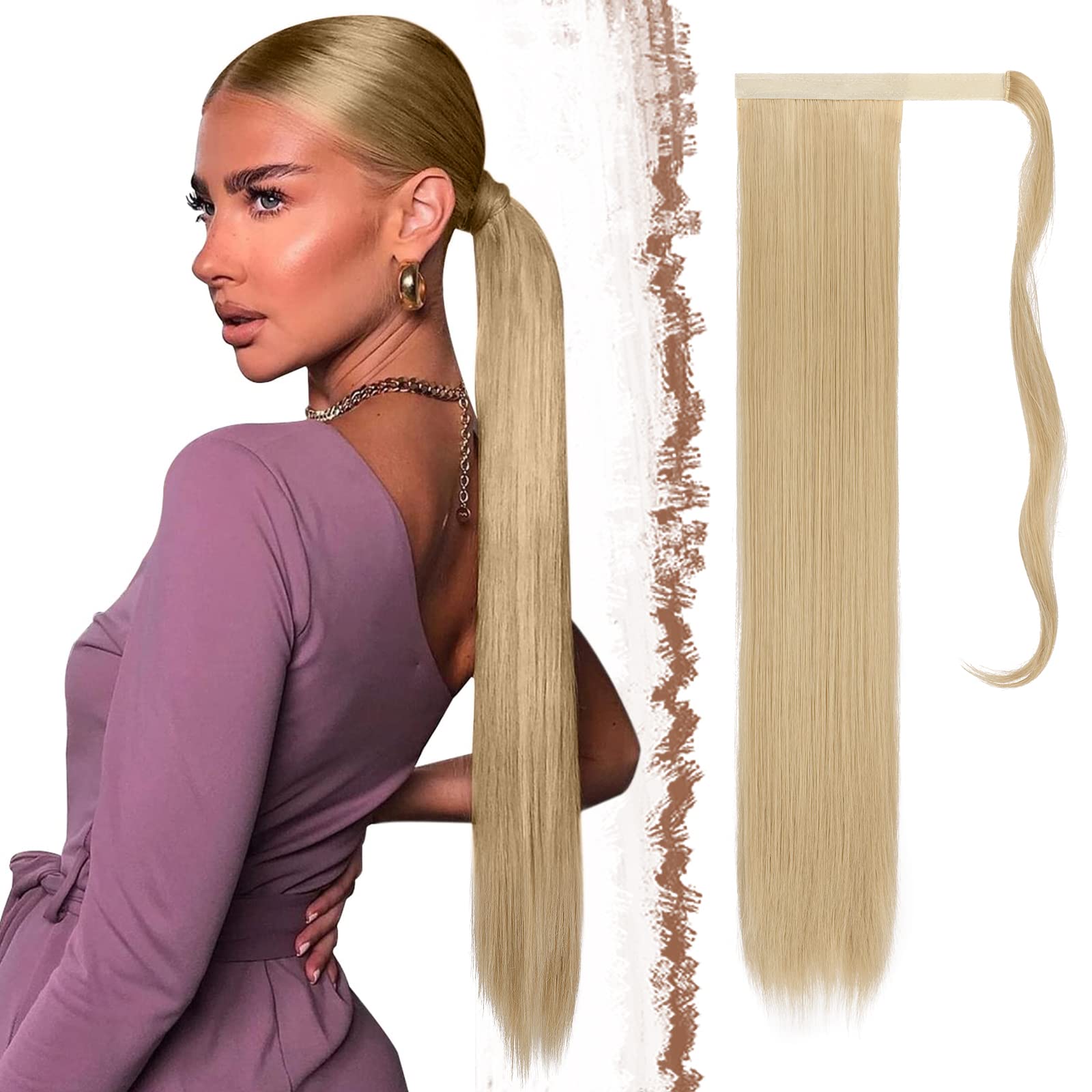 FESHFEN Straight Ponytail Extensions Long Wrap Around Ponytail Synthetic Clip in Pony Tail Hair Extensions Ash Blonde Hairpiece for Women, 28 inch