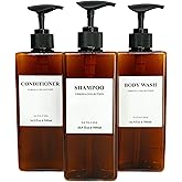 La Via Casa Shampoo and Conditioner Dispenser | 3 Plastic Amber | Shampoo Dispenser with Waterproof Labels | Shower Bottles Refillable with Pump (Without Wall Mount)