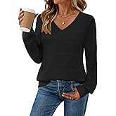 MEROKEETY Women's 2025 Fall Long Sleeve Sweaters Tops Casual Crochet V Neck Loose Pullover Knit Shirts