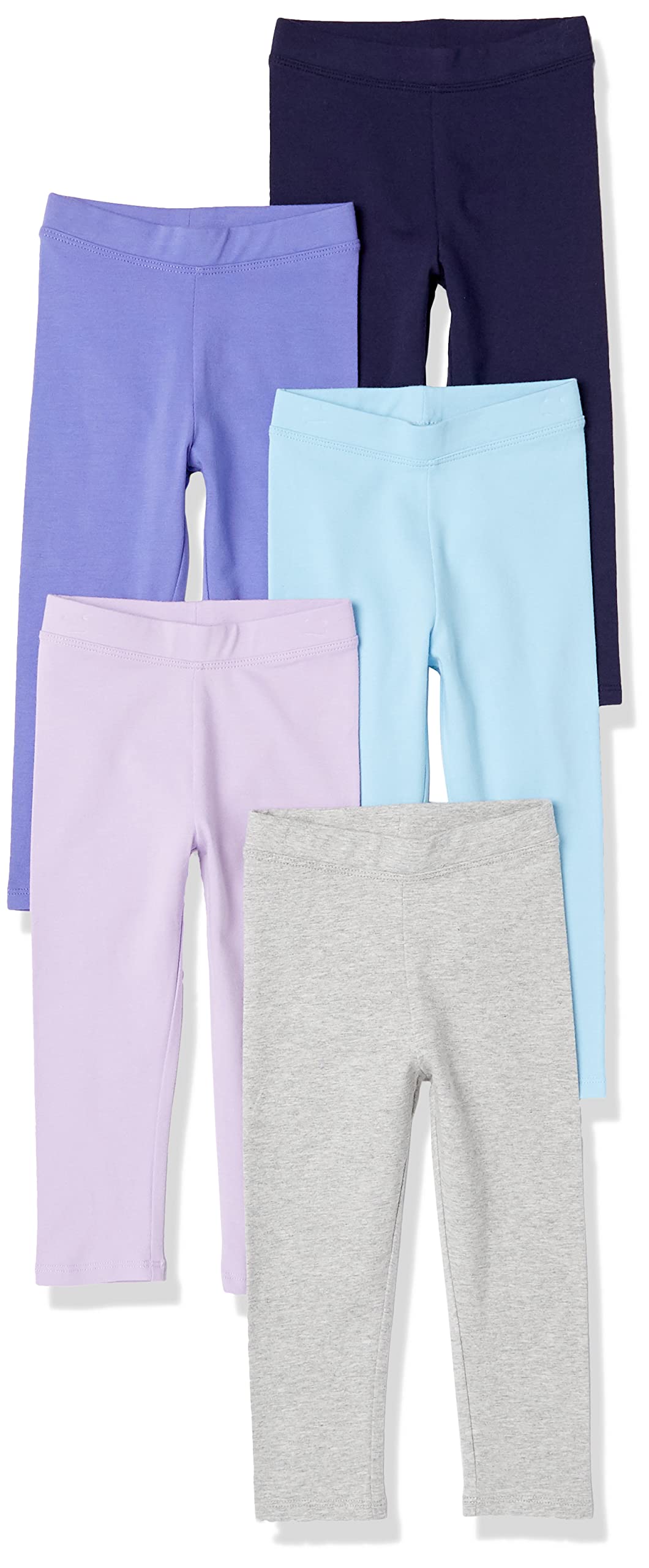 Photo 1 of Amazon Essentials Toddler Girls' Leggings, Pack of 5, Aqua Blue/Grey/Lilac/Navy/Purple, 4T