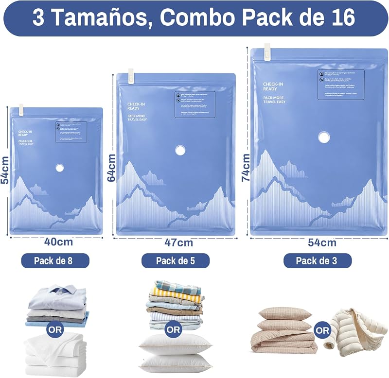 Sacos de Vácuo Roupa com Bomba de Vácuo Elétrica sem Fios, contendo 16 Sacos de Vácuo (3 * 74 x 54 cm, 5 * 64 x 47 cm, 8 * 50 x 40 cm), Adequados para Viagens, Mudanças e Armazenamento