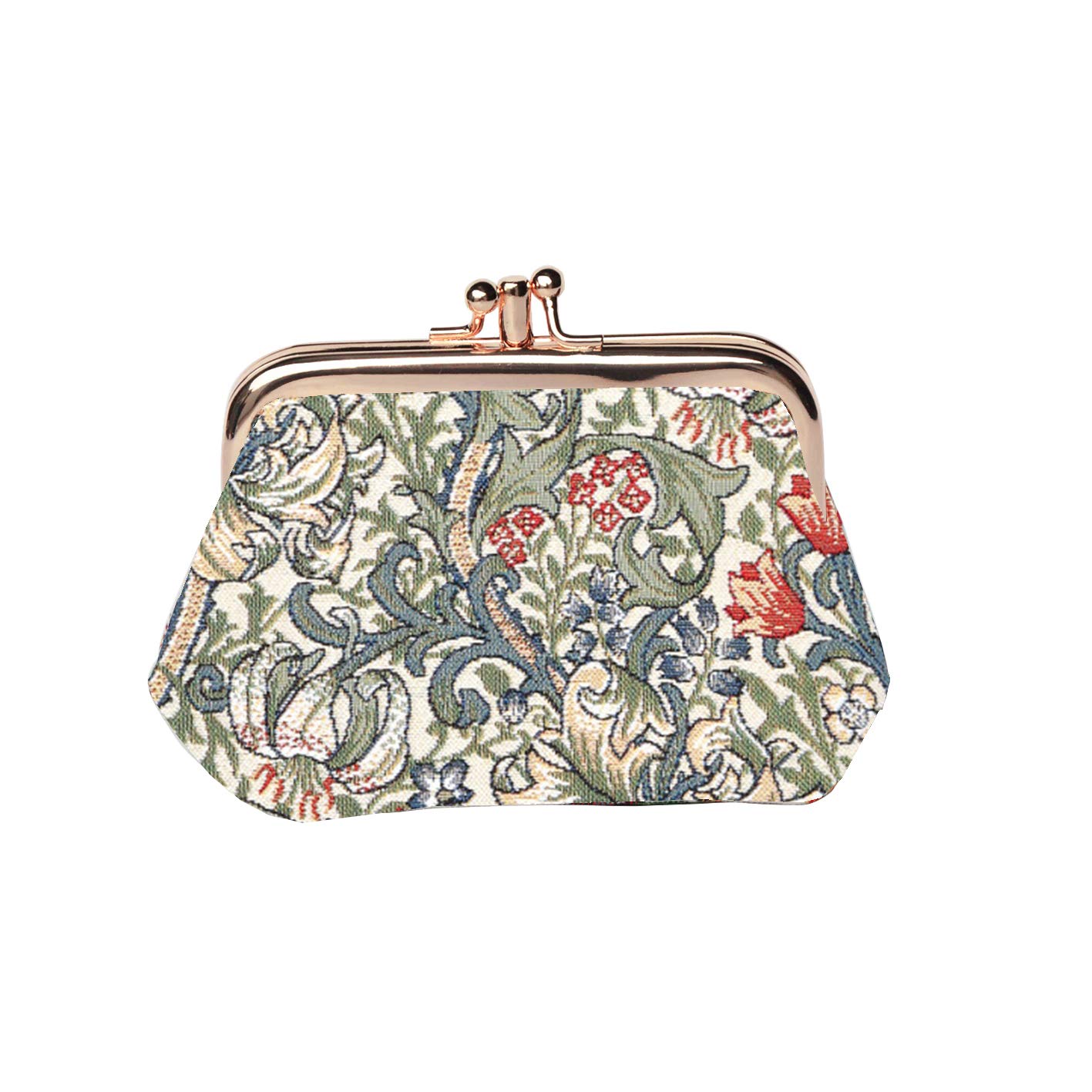Signare Tapestry Cute Exquisite Double Pocket Kiss Lock Coin Purse for Women with William Morris Design (Golden Lily, FRMP-GLILY)