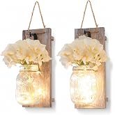 Besuerte Rustic Mason Jar Sconces Wall Decor, Rustic Brown, Set of 2 | Hanging Wooden Wall Art, LED String Lights, Remote Timer, Vintage Farmhouse Decoration