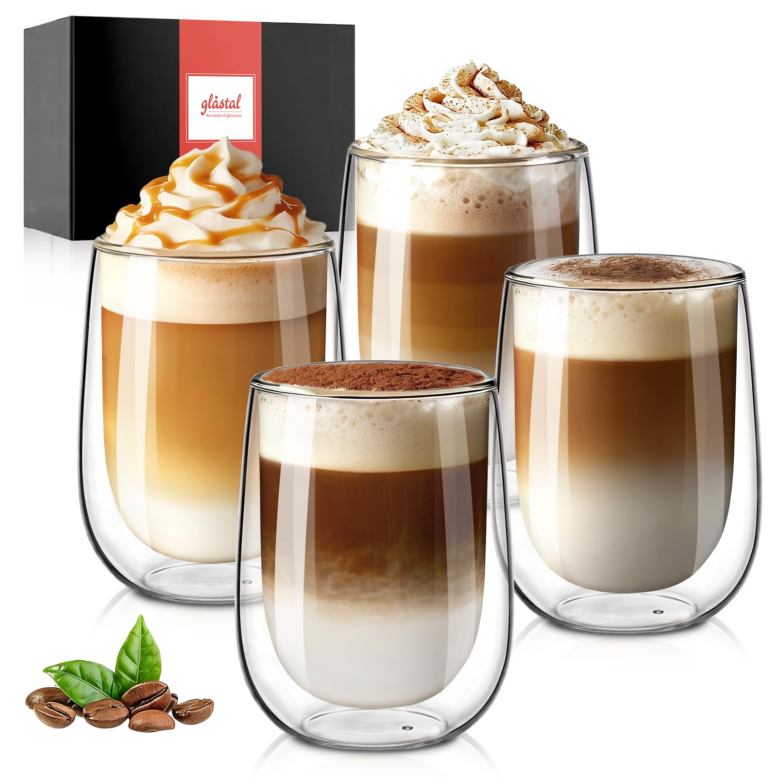 glastal 4x350ml Double Walled Coffee Glasses Mugs Cappuccino Latte Macchiato Glasses Cups for Coffee Tea Milk Juice Ice Cream Borosilicate Heat Resistant Glass Cups