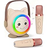 Mini Karaoke Machine Toy for Kids, Portable Karaoke Machine with 2 Wireless Microphone for 4,5,6,7,8,9,10,11,12+ Years Old Christmas Birthday Gifts Girls Boys (Beige)